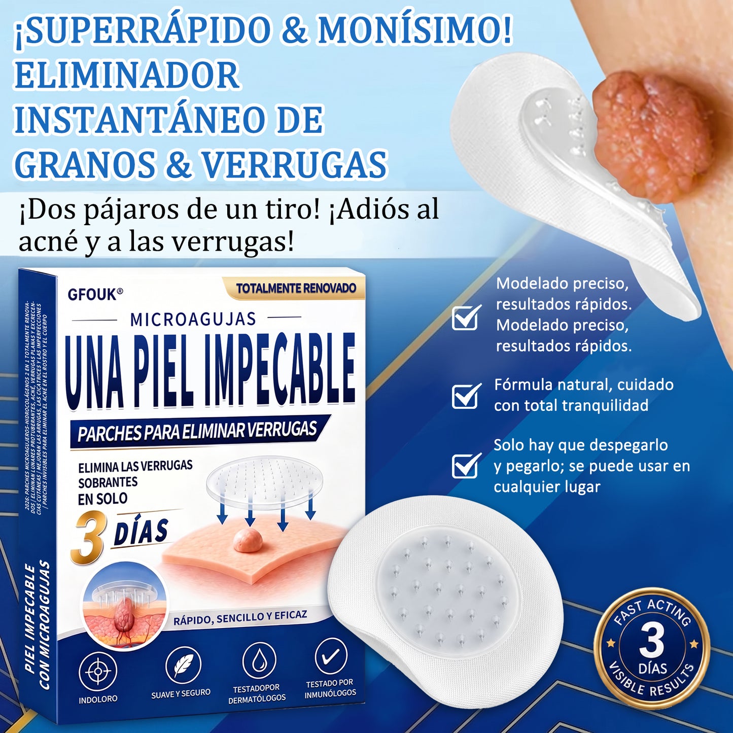 🔥GFOUK® 2026 Parche hidrocoloide de microagujas 2 en 1 versión mejorada | Elimina lunares elevados, acné y verrugas planas | Mejora arrugas, cicatrices e imperfecciones | Parches antiacné invisibles para rostro y cuerpo