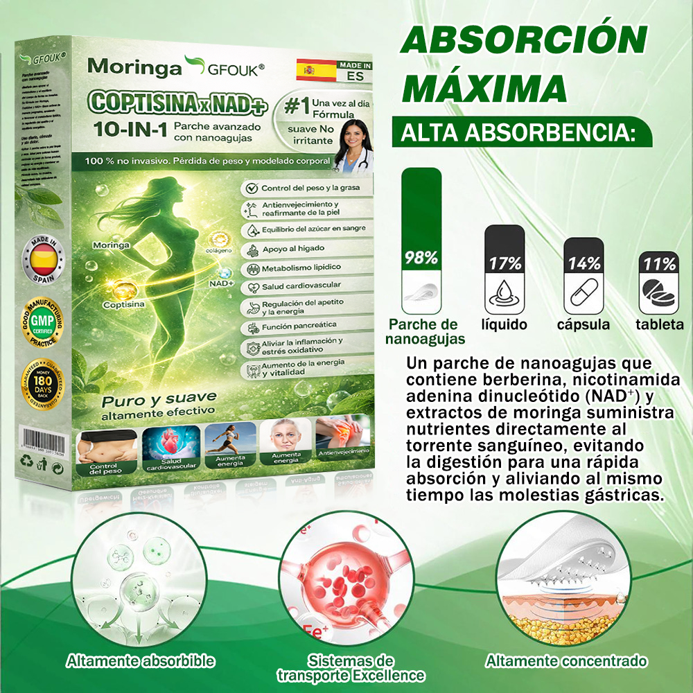 🇪🇸✨Conforme a la normativa aplicable en España y en la Unión Europea | 🧑‍⚕️ GFOUK® Moringa · Berberina × NAD+ Parche Avanzado de Nanomicroagujas 10 en 1 |  Respaldado por la ciencia | Fórmula 10 en 1 |  Resultados visibles en 7 días ✅